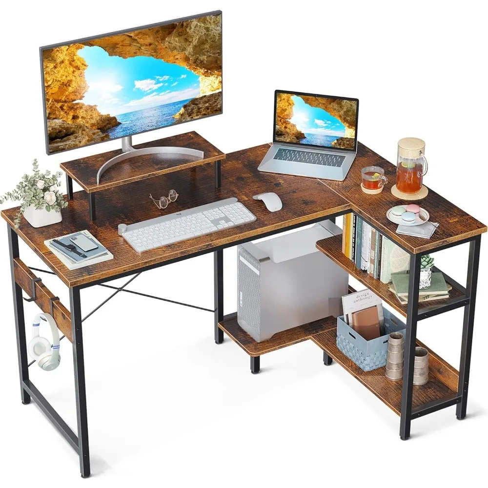 ODK L Shaped Computer Desk with Storage Shelves, 47 inch L-Shaped Corner Desk with Monitor Stand for Small Space