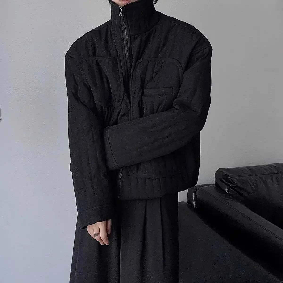 Dark Minimalist Short Cotton Padded Jacket Japanese Winter Men Niche Loose Stand Collar Parkas Yamamoto Light Thin Haughty Coats 5