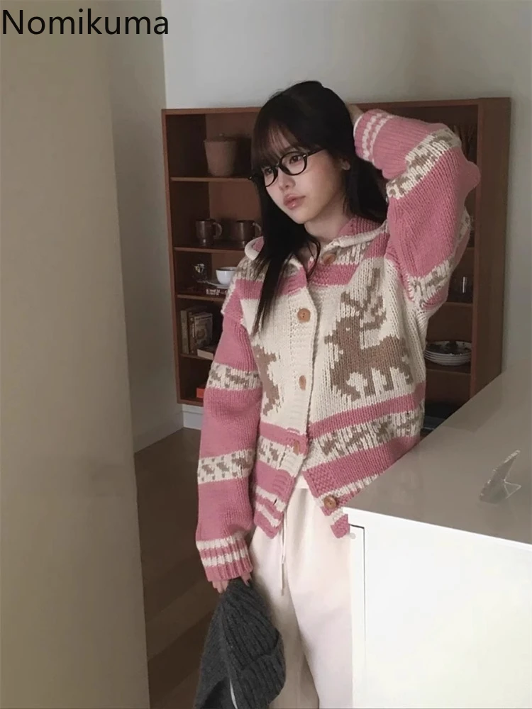 Autumn Winter Clothes Vintage Sweater Jackets for Women Pull Femme Thicked Warm Print Knitted Cardigan Coats Korean Sueter Mujer 4