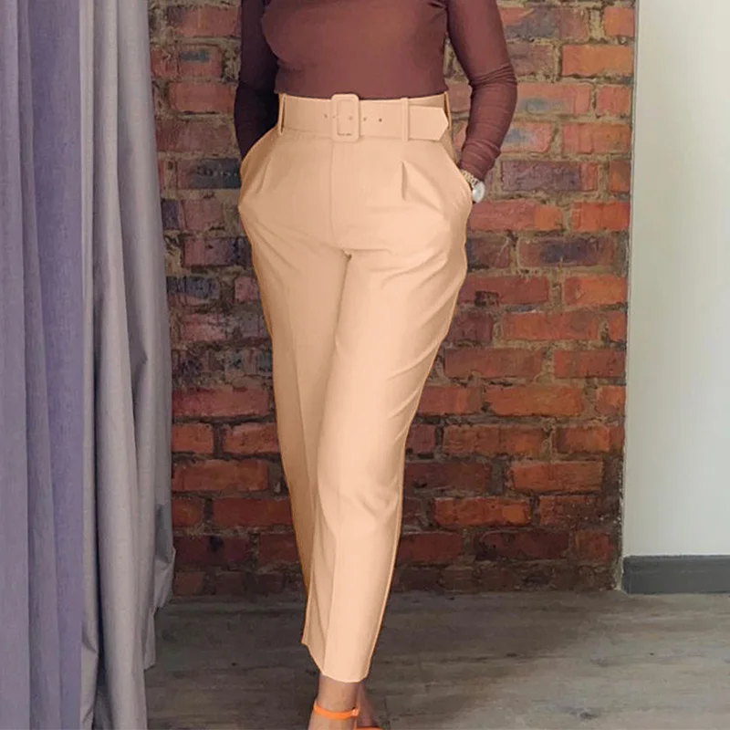 Office Lady Solid Color Sashes Pencil Trousers Plus Size Clothes Spring Autumn Fashion Pockets High Waist Casual Lady Suit Pants