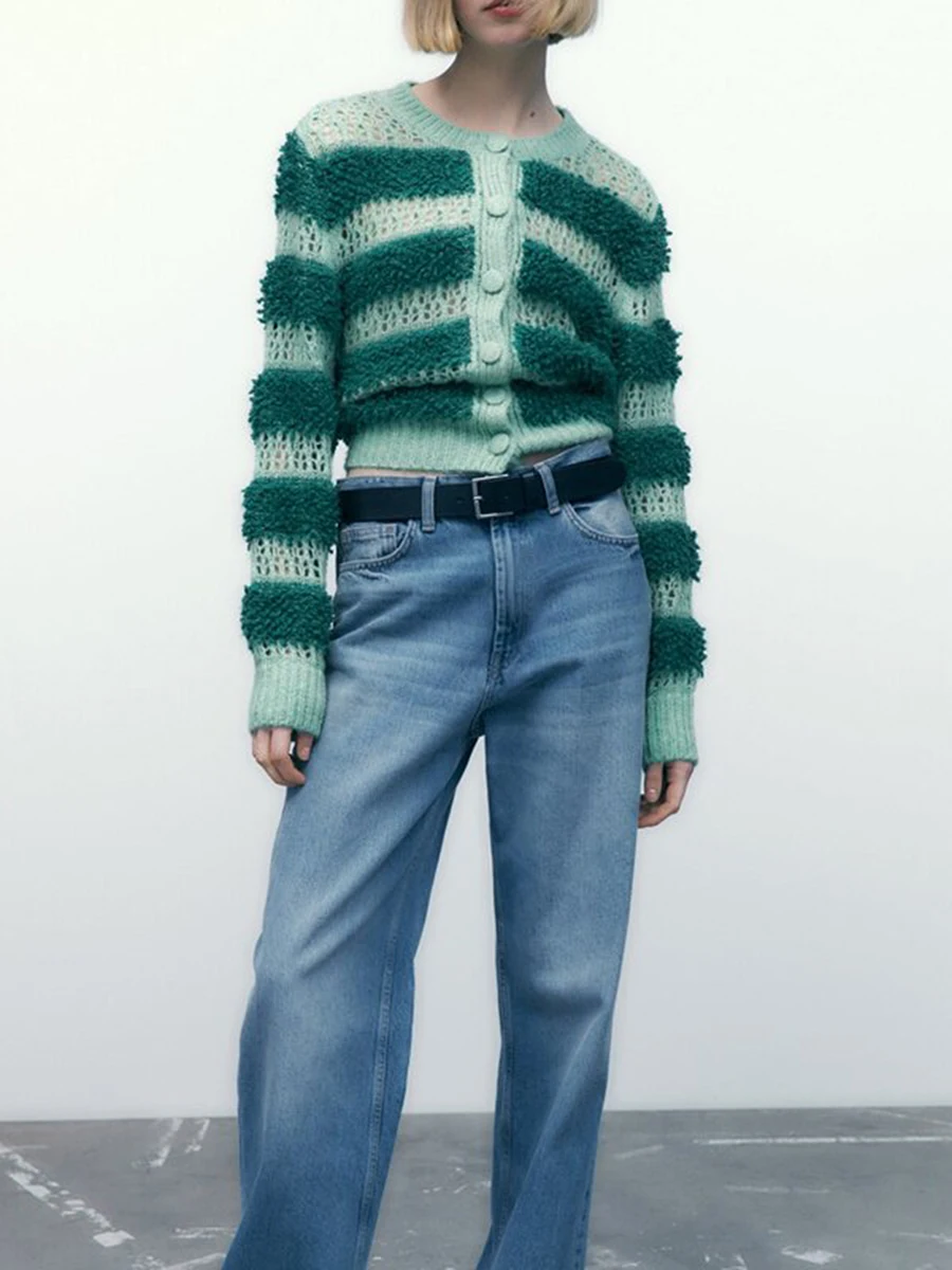 

Casual Soft Knit Coats Women Stripe Patchwork Long Sleeve Sweater Fashion Round Neck Cardigan Button Down Female Knitwear Tops