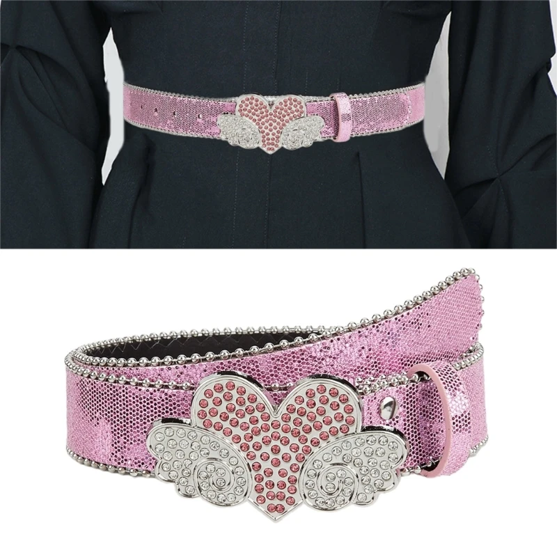 

Full Sequins Adult Waist Belt Delicate Waist Belt Fashion Belts Rhinestones Heart&Wing Buckle Belts for Nightclub