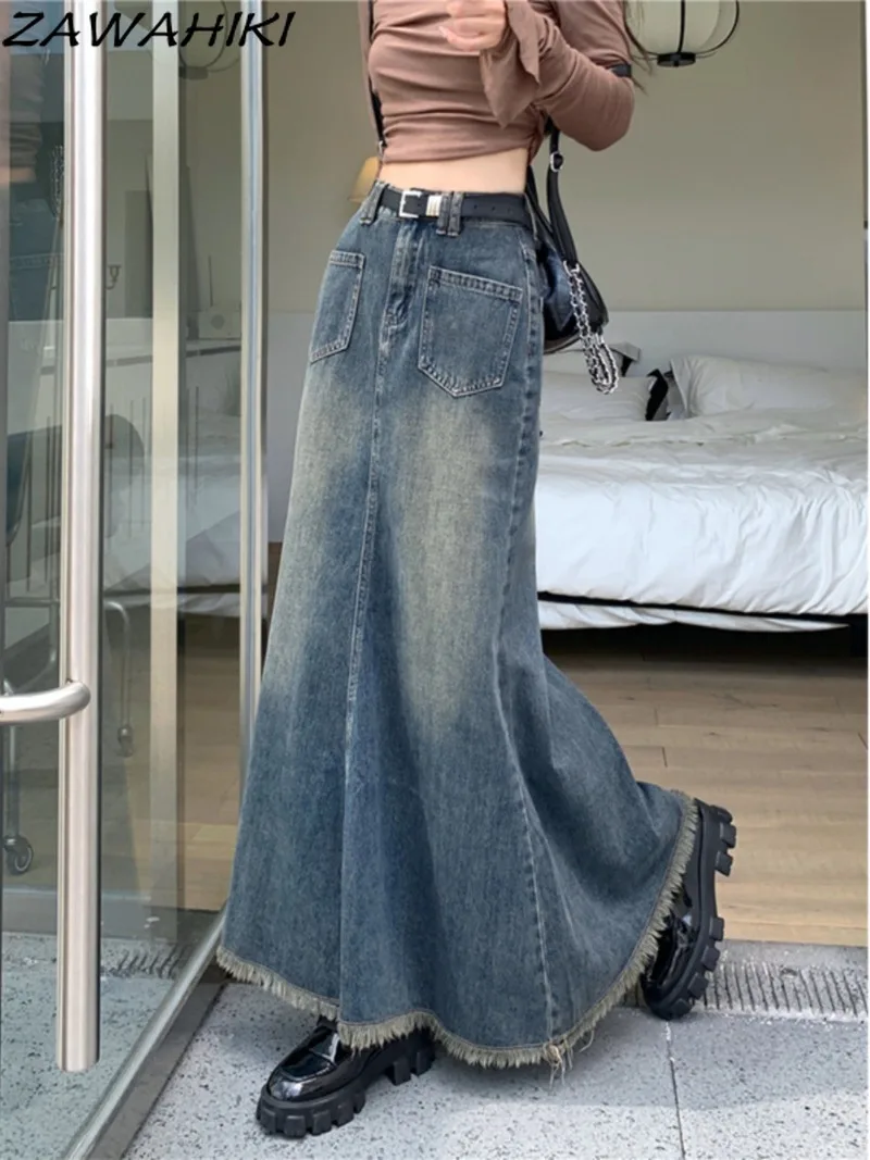 

ZAWAHIKI Fall Winter New Arrive Vintage Frayed Solid Color Chic Designed Long Skirts for Women High Waist Y2K Versatile Faldas