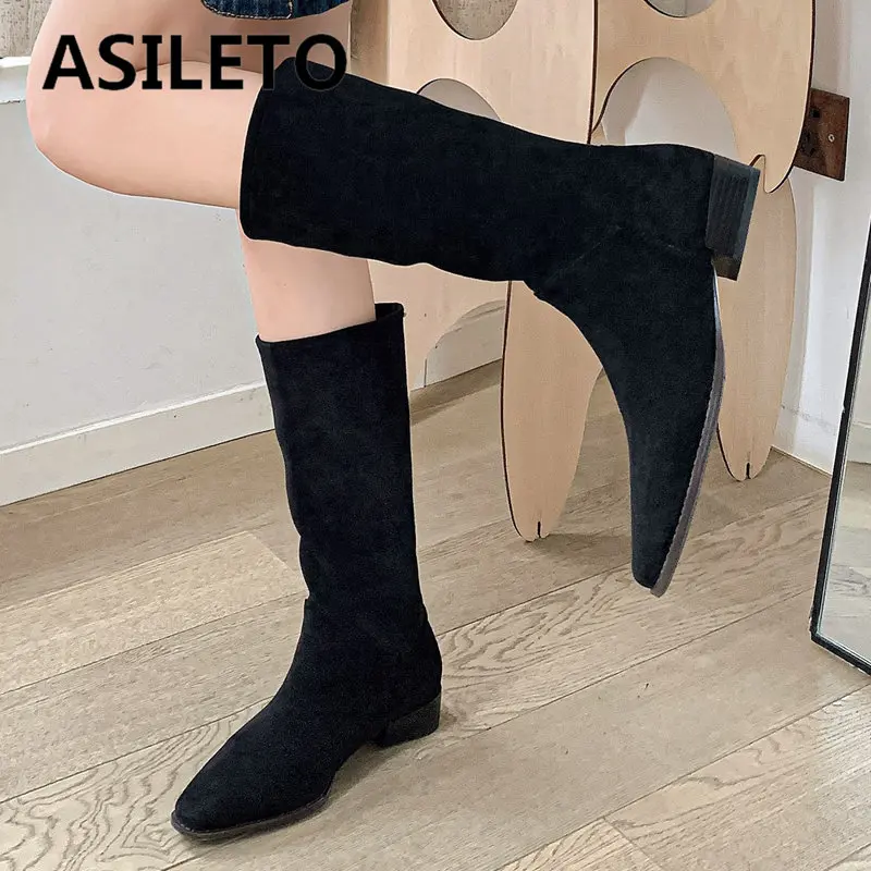 

ASILETO Luxury Flock Suede Women Boots Square Toe Mid Heels 3cm Pig Skin Slip On Pleated Fashion Daily Female Korean Booties