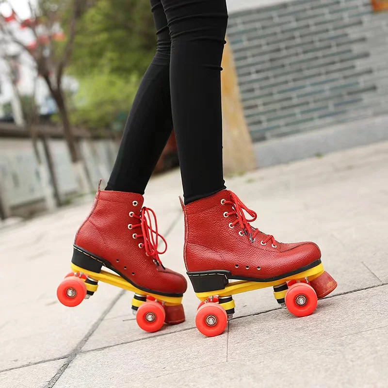 

High Quality Adult Red Leather Roller Skates Shoes Patins Sliding Inline Quad Roller Skating Sneakers Training For Girls 4 Wheel