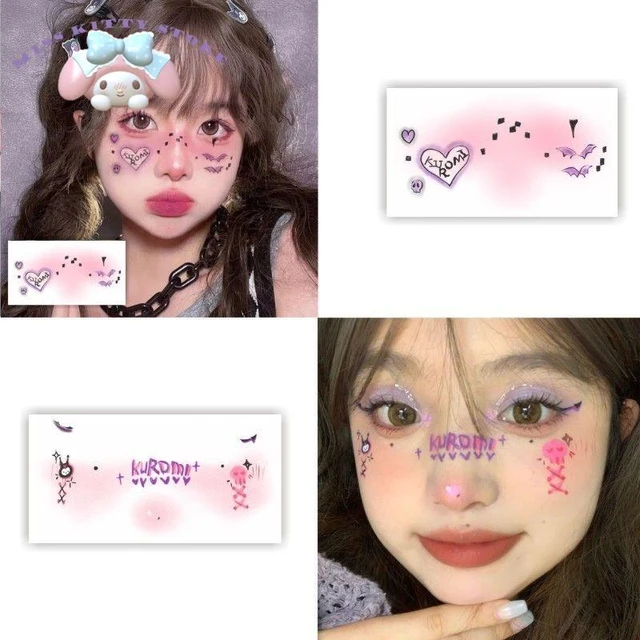  Sanrio Kuromi-maquillaje de dibujos animados para niña, maquillaje de Diablo, pegatina de tatuaje de maquillaje creativo bonito para fiesta de Halloween, pegatina de maquillaje _