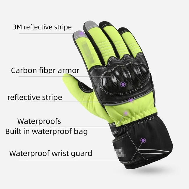 Ski Gloves Leather Carbon Fibre Waterproof Full Finger Warm Fleece Non-slip  Cycling Motorcycle Jet Ski