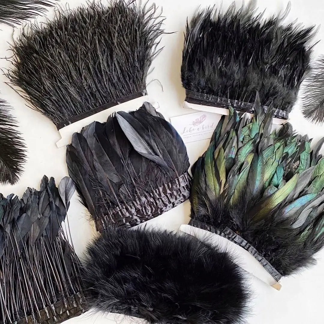 KOLIGHT Pack of 10 Yards Natural Turkey Marabou Feather Trim Fringe 6-8 Inch in Width DIY Decoration (Black