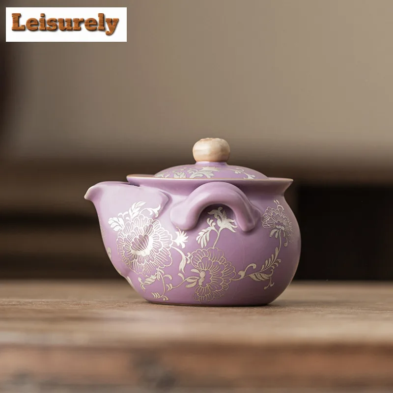 165ml Purple Ru Porcelain Gilded Silver Peony Teapot Elegant Tea Infuser Pot Tea Maker Kettle With Filter Cha Drinkware Ornament