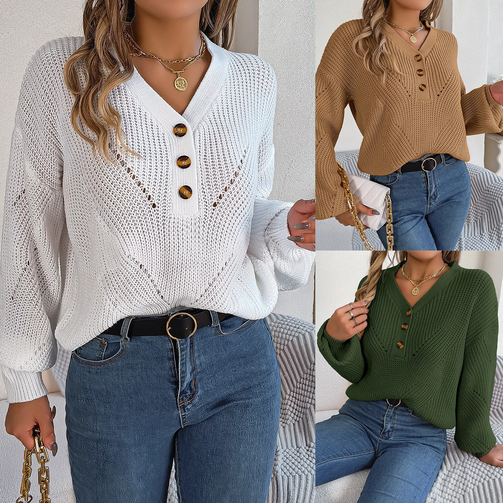 

Sweater for Women New Fall and Winter Hollow V-neck Buttons Fashion Casual Lantern Sleeve Set Head Blouse