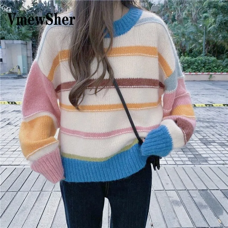 

VmewSher Chic Loose Rainbow Stripe Knitted Women Sweater Autumn Winter New O Neck Knit Pullover Fashion Long Sleeve Jumper Tops