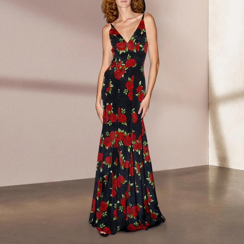 

High Quality Runway Designer Dress Women Vintage Spaghetti Strap Rose Flower Printed Long Summer Dresses 2023 Vestido Feminino