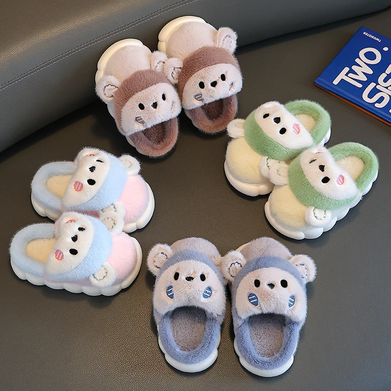

Children Slippers 2023 Winter Warm Cartoon Bear Baby Boys and Girls Soft Sole Anti Slip Home Fur Thickening Unisex Cotton Shoes