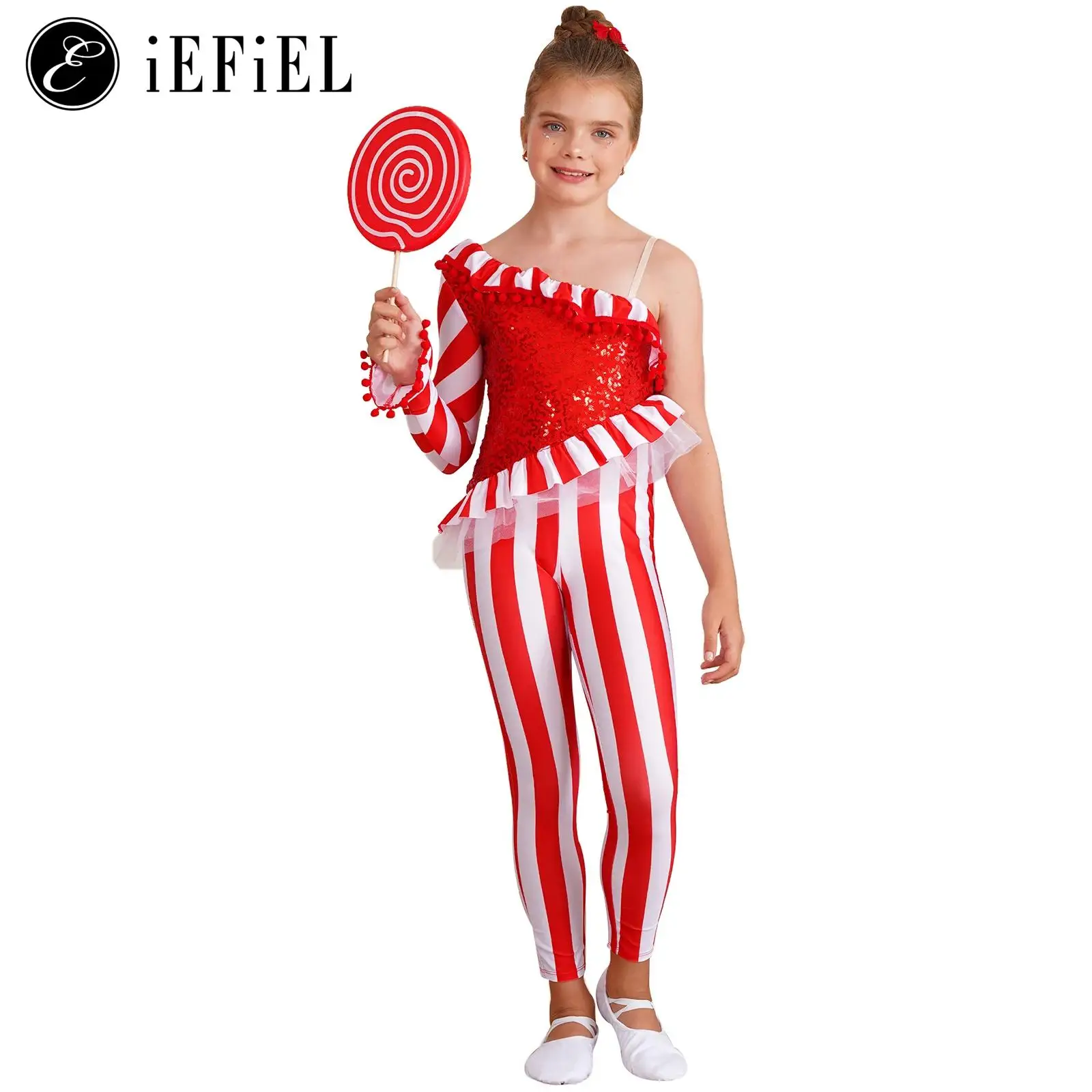 

Kids Girls Candy Cane Christmas Dance Bodysuit Jumpsuit Unitard One Shoulder Xmas Holiday Santa Sweetie Costume Dancewear