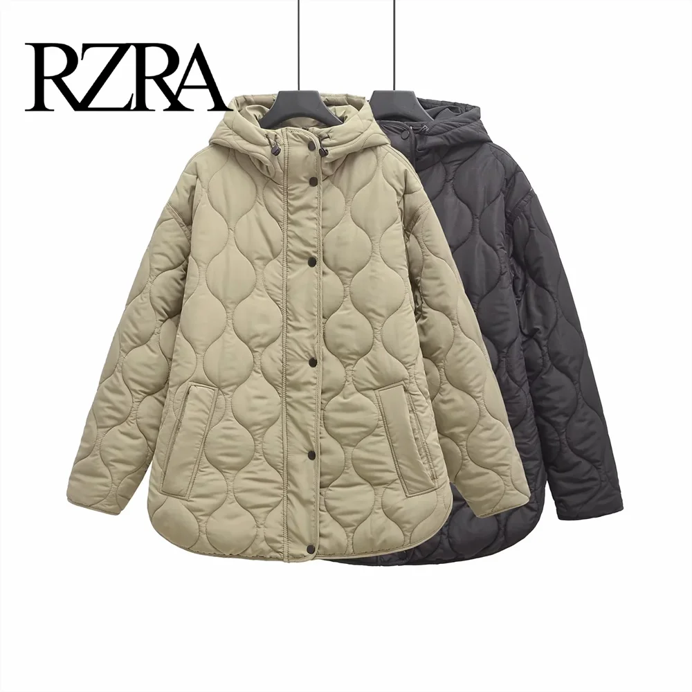 Autumn new diamond shaped large pocket loose long sleeved hooded cotton jacket mid to long length jacket jacket