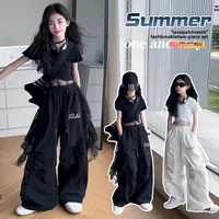 Girls' Jazz Dance Lace Wide Leg Pants Summer Thin Hollow out Splice Two Piece Set Children's Summer Fashionable Clothing