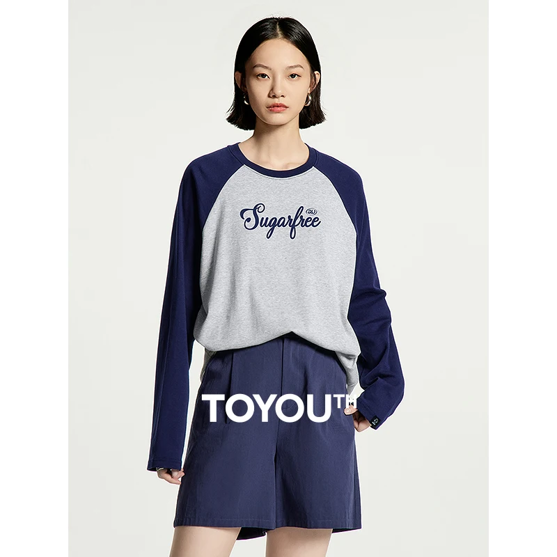 

TOYOUTH Women Tee Tops 2024 Spring New Letter Printed Contrasting Color Rangle Sleeve Casual T Shirt Tops