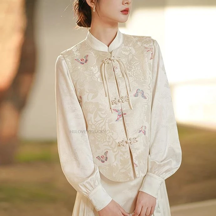 New Chinese Style Women White Embroidered Cotton Vest Suit Autumn Winter Fashion Jacket Woman Tangsuits Vest Tangsuit Coat