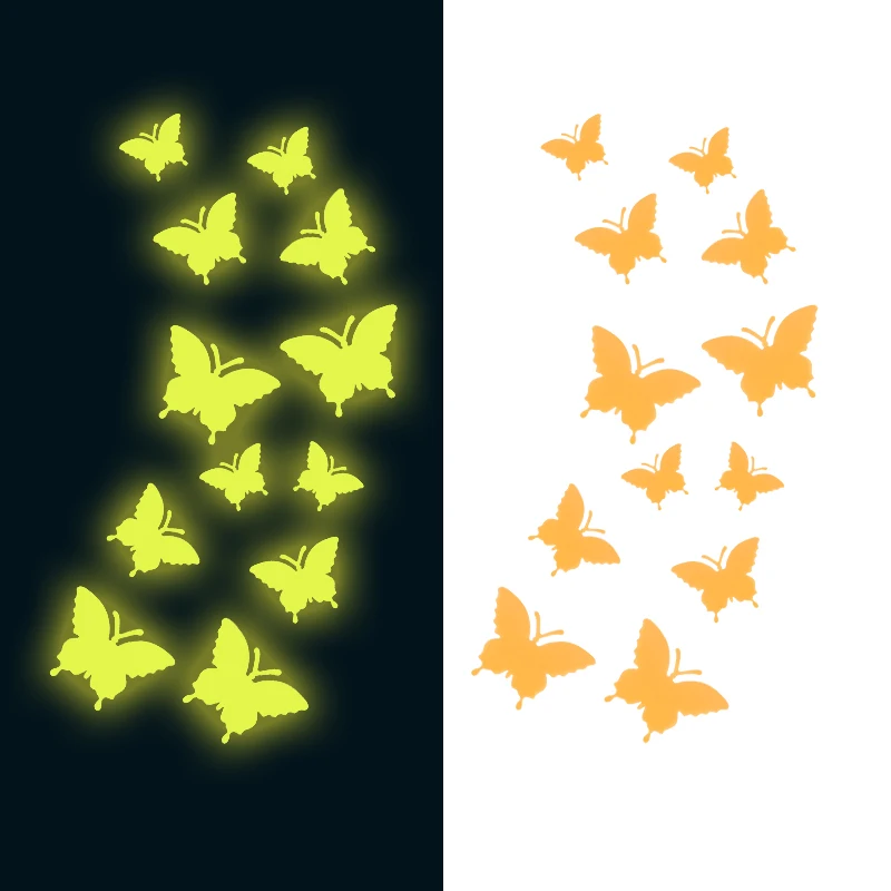 24/12Pcs Glow in the dark Wall Stickers 3d Solid Colours Luminous Butterfly Sticker Decorations for Home Kids Room Decor