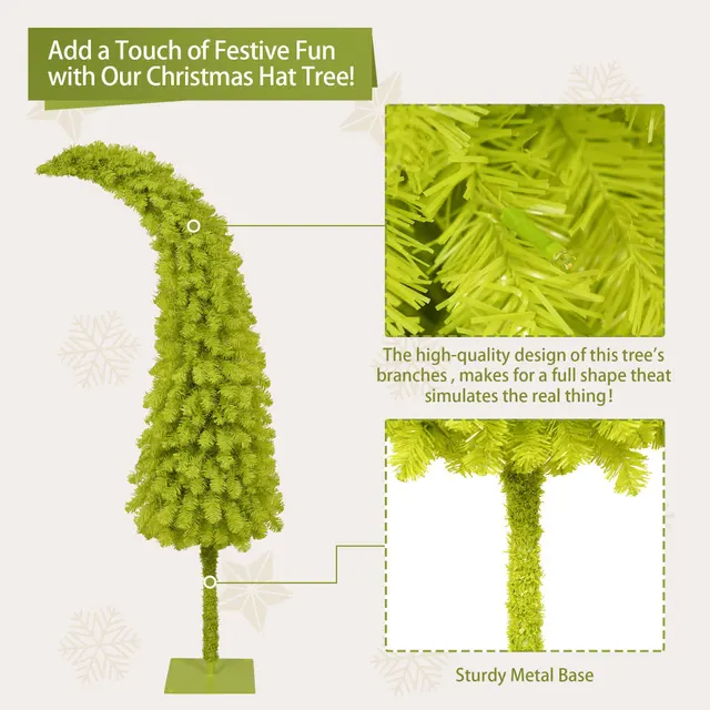 5FT Hinged Fir Artificial Fir Bent Top Christmas Tree, Xmas Tree Bendable Santa Hat Style Christmas Tree Holiday Decoration 6