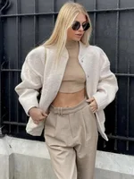 ZBZA Woman's Oversized Bomber Jacket Autumn New Round Neck Long Sleeve Pocket Hidden Button Loose Jackets Coat Female Outerwear 2