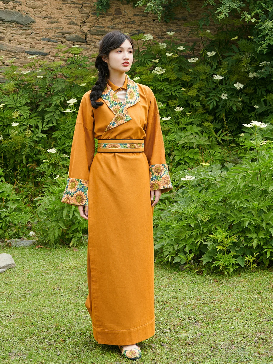Tibetan Clothing Women's Robe Yellow Improved National Style Top Tibet Travel Photography Thin