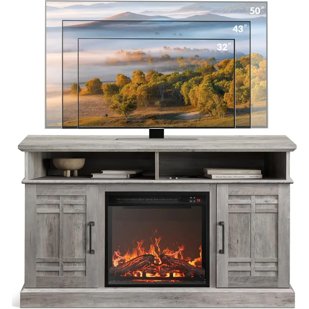 48" TV Stand with 18" Electric Fireplace Heater, Modern TV Stand for TVs up to 50", Entertainment Media Stand with Open 6