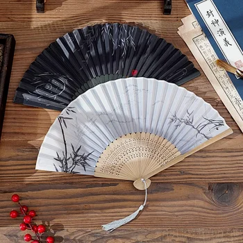 중국 스타일 대형 접이식 핸드 선풍기, 일본 빈티지, 13 인치 실크 천 대나무, 13 인치 접이식 선풍기 전통 크레인, 리본 포함, 33cm