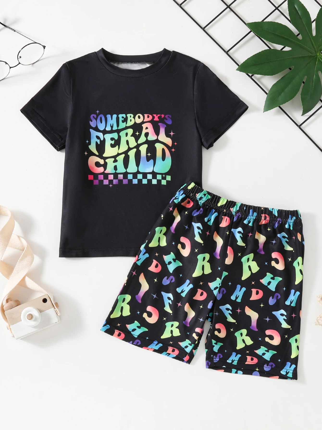 

Girls 2pcs Colorful Letter Print Summer Cozy Loungewear, Short Sleeve Crew Neck T-shirt Top & Short Set, Fashion Pattern Comfy B