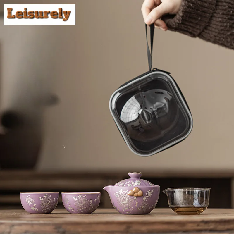 Purple Ru Porcelain Gilded Silver Peony Lotus Travel Tea Set Kit Zen 1 Pot 2 Cups Tea Making Organizer Portable Picnic Handbag