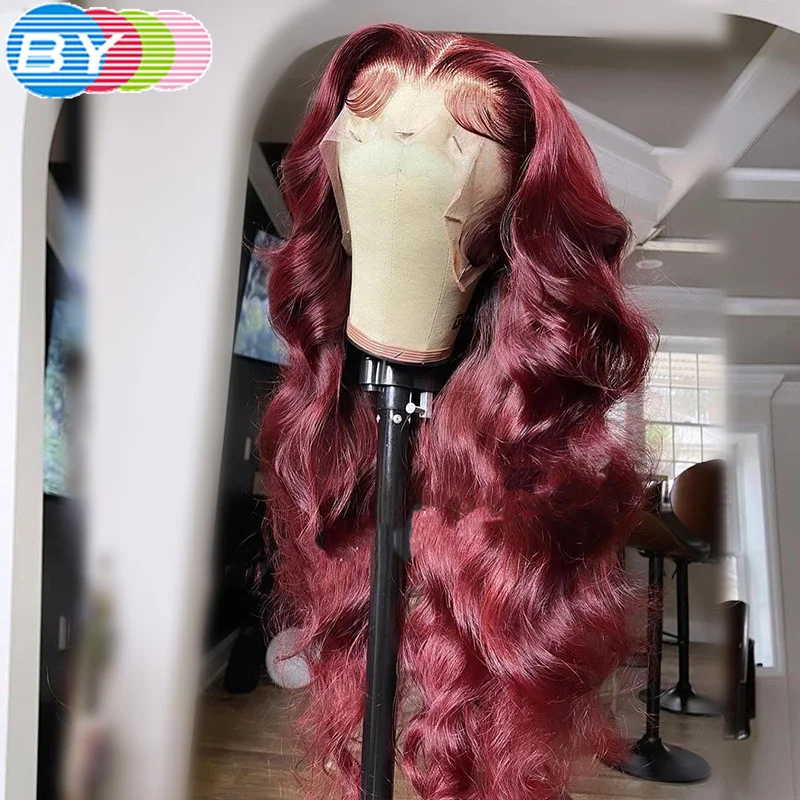 Frontal do Laço para as Mulheres Dianteira do Laço Onda do Corpo Perucas de Cabelo Colorido Borgonha 4 Peruca Pré-arrancadas Vermelho Transparente Humano Peru 99j 13 × 8 Weddings & Events