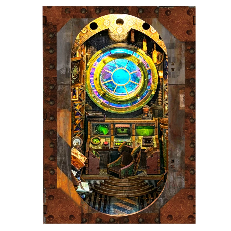 DIY Wooden Book Nook Shelf Insert Miniature Model Kits Ten Thousand Leagues Under the Sea Bookshelf with Light for Friends Gifts 3