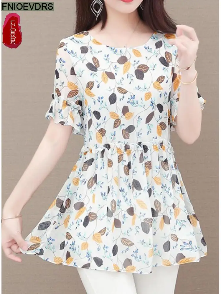 

2022 Woman Summer Mesh Sheer Shirt Casual Office Lady European Style Loose Lazy Floral Printed Chiffon Belly Top Blouse 2193