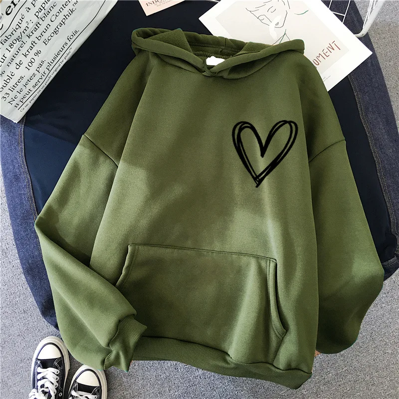 Heart Print Women Sweatshirt Soft Casual Loose Vintage Female Hoodies Y2k Winter Warm Fleece Student Tops Preppy Street Wear