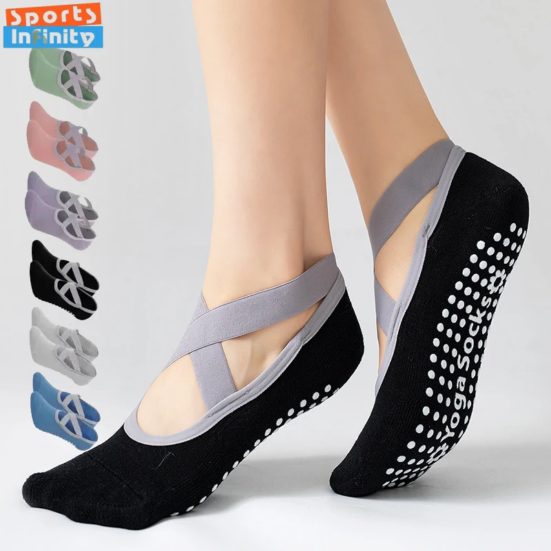 여성용 실리콘 필라테스 양말, 미끄럼 방지 요가 양말, 그립 및 스트랩, 붕대 면, 실내 발레 댄스 스포츠 피트니스 양말 