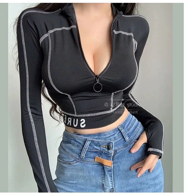 

Slim Black Sexy Women's Tops Street Splicing Casual Letter Printed Zipper Long Sleeve T-Shirt