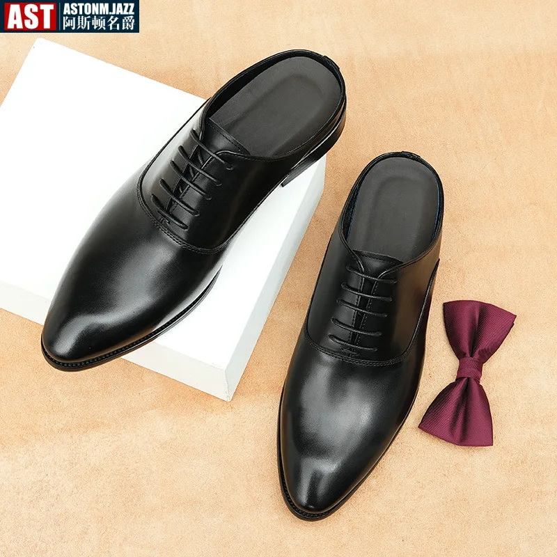 Italian Mens Half Shoes Luxury Handmade Genuine Leather Summer Retro Black Office Business Sandals Social Slippers for Male