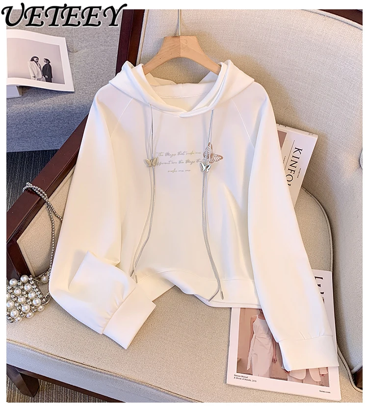 Solid Color Hooded Sweatshirt Women's Spring Wear Heavy Industry Metal Butterfly Drawstring Letter  Loose Crop Pullover iron butterfly heavy 1 cd