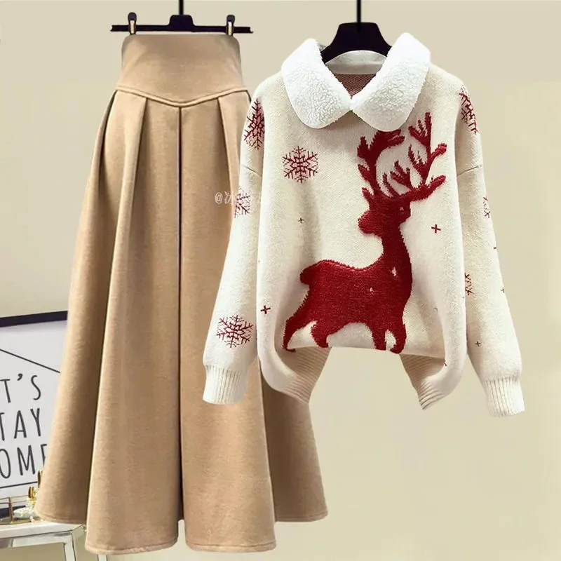Autumn Winter Dress Set for Women 2024 New Christmas Deer Knitted Sweater and High Waist A-line Maxi Skirt Two Peice Set Outwear