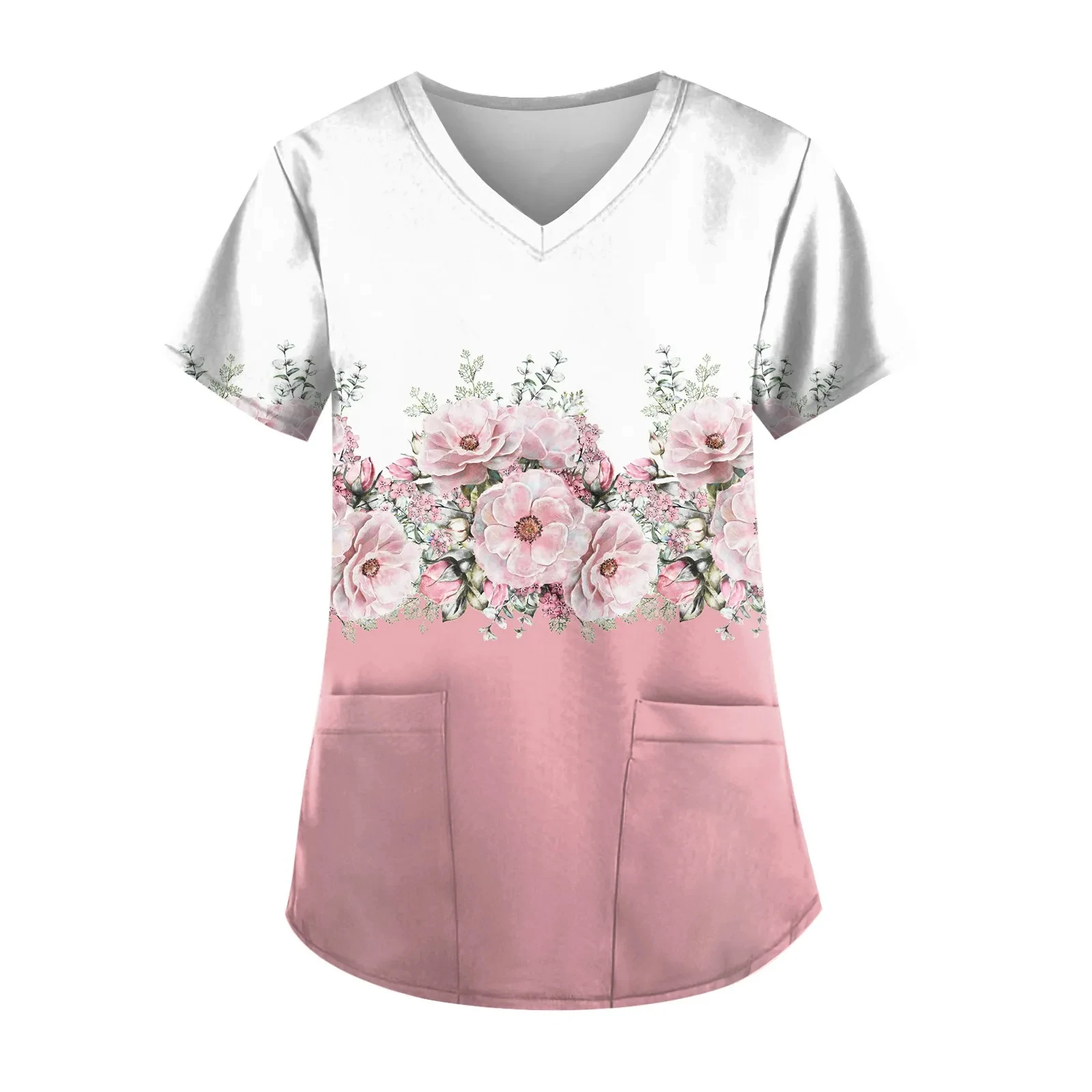 2023 Blumen druck Tasche Arbeits kleidung für Zahnarzt Krankens ch wester Peelings Uniform medizinische Uniformen Frauen Kurzarm V-Ausschnitt Peeling Arbeits oberteil