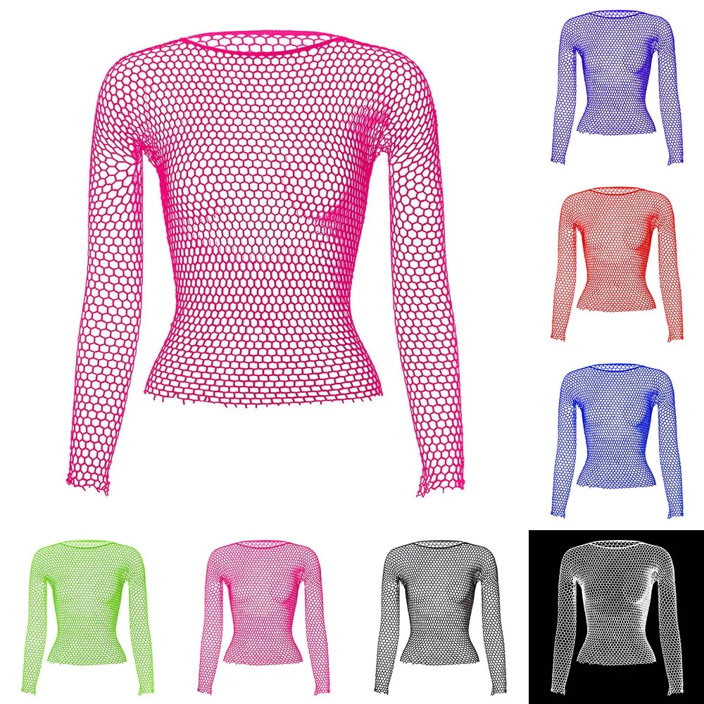Men Elastic Long Sleeved See-Through Sexy Leaky Hip Shirt Hollow Mesh Underwear Tops Nightclub Sheer Tops Fish Net T-Shirt