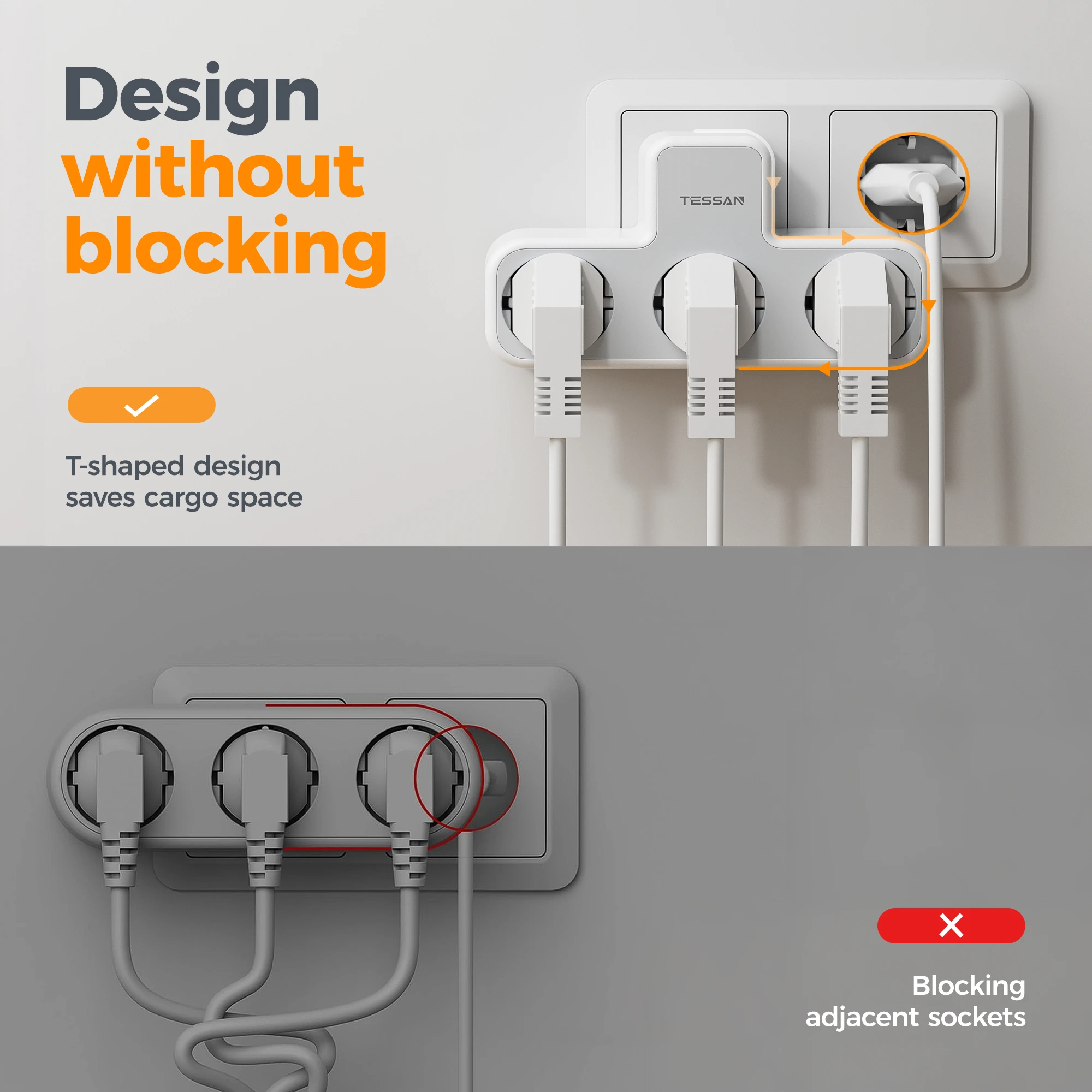 TESSAN Multiple Socket Power Strip with 3 Outlets 3-In-1 European Plug Wall Socket Extender Adapter with Overload Protection Power Strip Plug Adapter Electrical Socket Power Socket Power Plug Adapter Wall Socket Extender