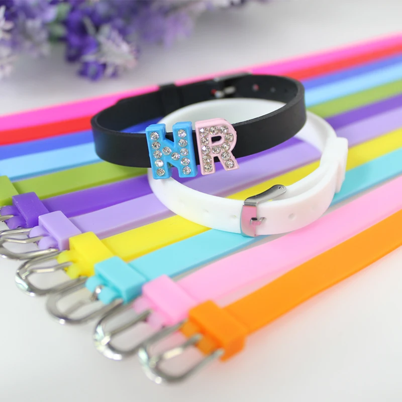 Wholesales 10pcs Colorful 8mm Silicone Wristband 8x210mm DIY Accessories Bracelet Fit 8mm Slide Charms Letters 4