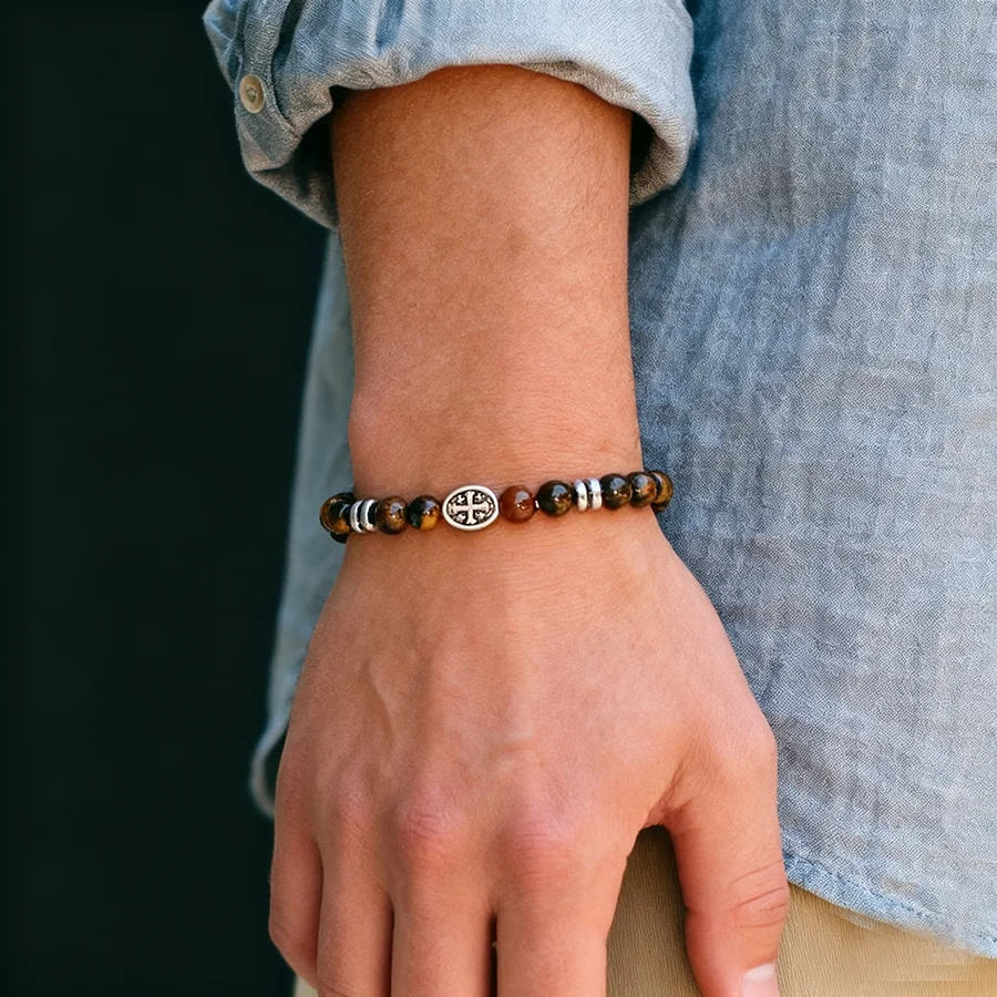 Men Holy Mother Symbol Prayer Beaded Bracelet with Tiger Eyes Howlite Hematite