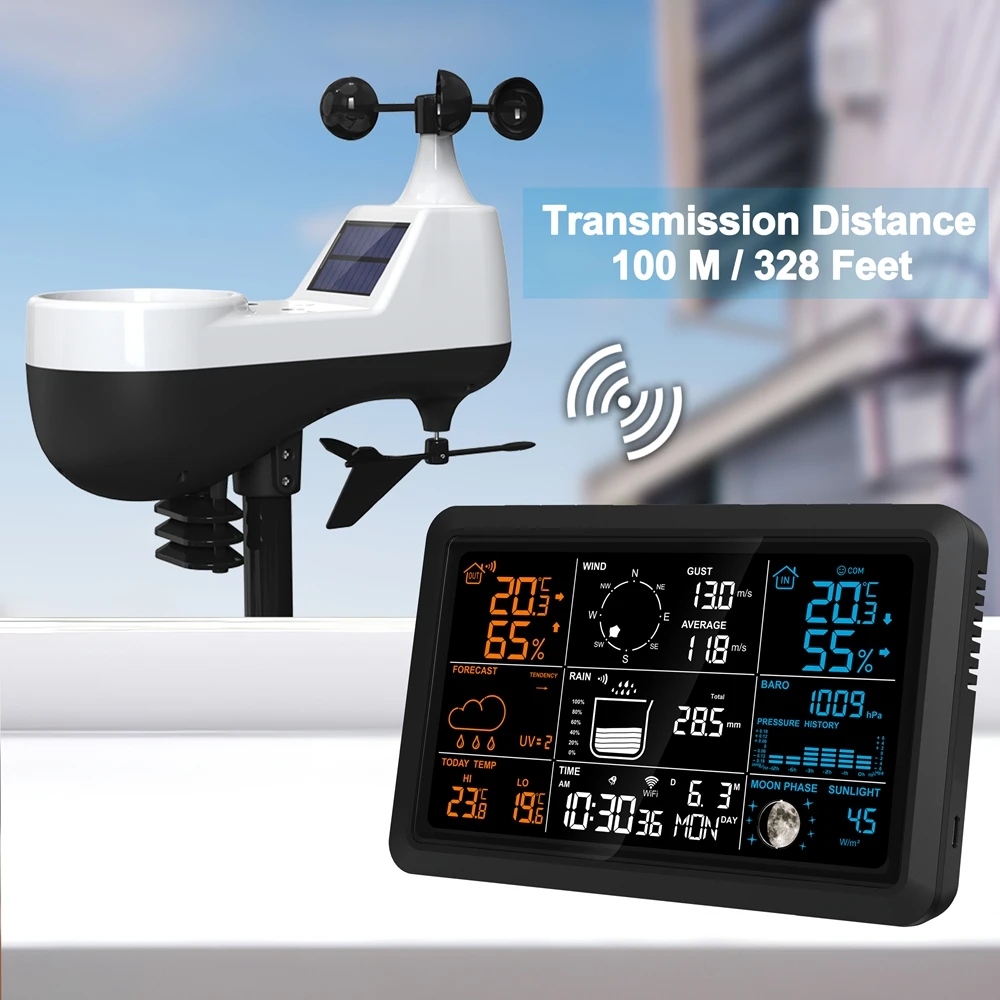 Tuya Wireless Weather Station Auto Alarm Clock Calendar Thermo-Hygro UV Sunlight Wind Rainfall Gauge Solar Panel Forecast Sensor