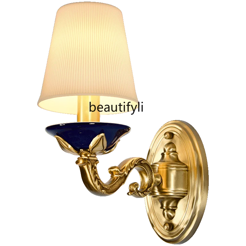 

yj American Retro Personalized Creative Copper Living Room Wall Lamp Simple Art Ceramic Bedside Lamp