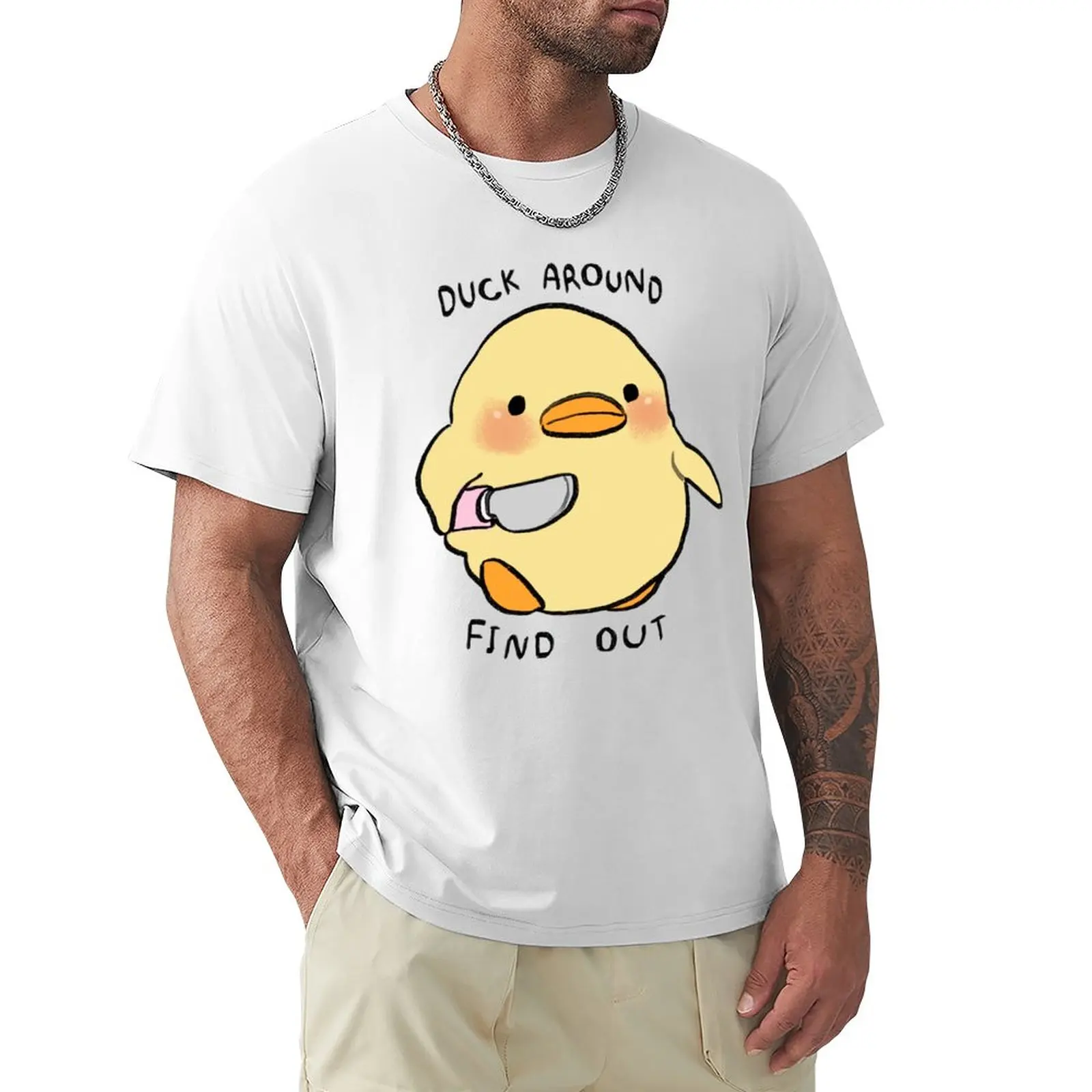 

I draw small chick with knife meme / duck around find out text T-Shirt new edition plus sizes mens graphic t-shirts big and tall