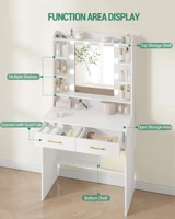 Туалетный столик с зеркалом, туалетный столик с полками и 2 ящиками для спальни, гостиной, регулируемой яркости — изображение 3