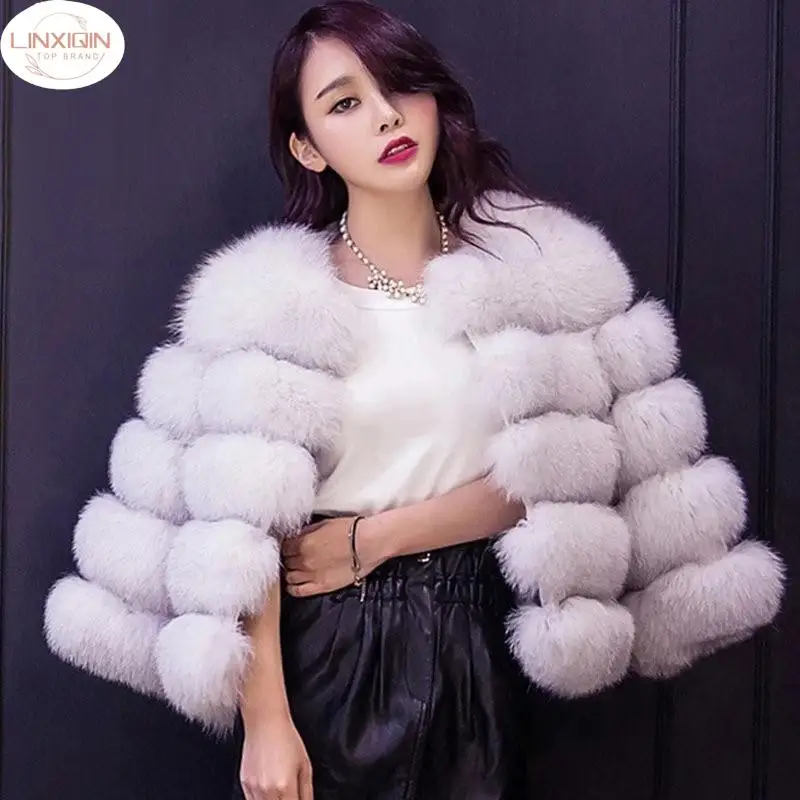 

LINXIQIN 2024 Winter New Fashion Women Faux Fur Coat Female Black Elegant Fluffy Thick Warm Artificial Fox Fur Jacket Outerwear