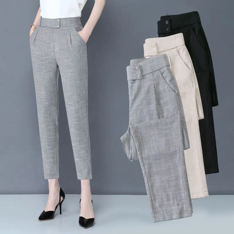 New Summer Women's Solid Color High Waist Elastic Harem Pants Button Pockets Fashion Casual Commuter All Match Trousers